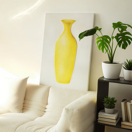 Minimalist Yellow Ceramic Vase Wall Art on Sandstone Canvas