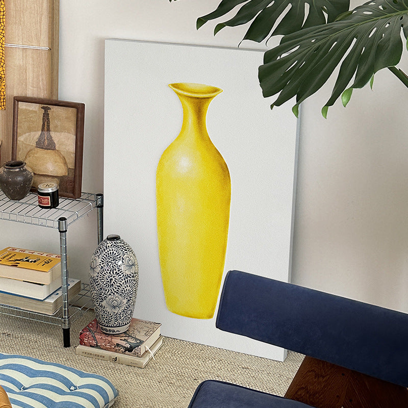 Minimalist Yellow Ceramic Vase Wall Art on Sandstone Canvas