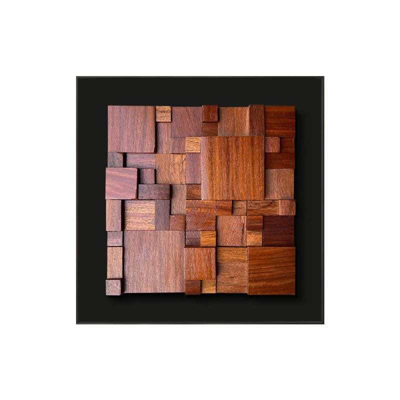 Framed Abstract Walnut Wood Mosaic Geometric Wall Decor, 15.75-Inch