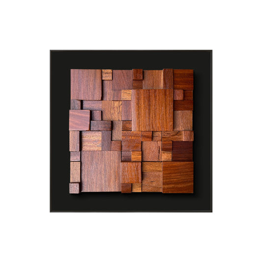 Framed Abstract Walnut Wood Mosaic Geometric Wall Decor, 15.75-Inch