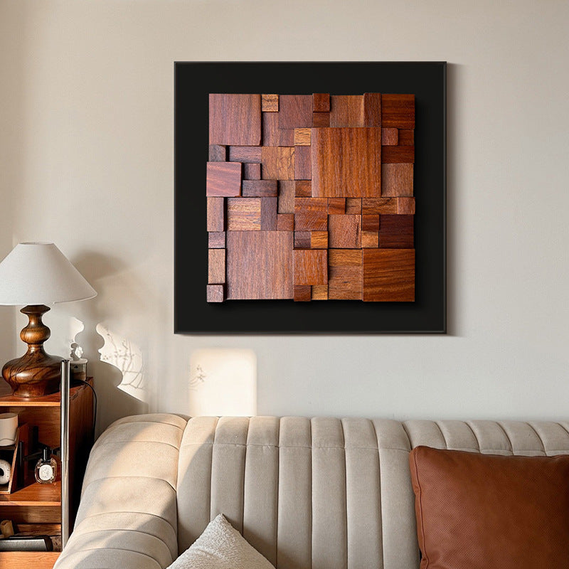 Framed Abstract Walnut Wood Mosaic Geometric Wall Decor, 15.75-Inch