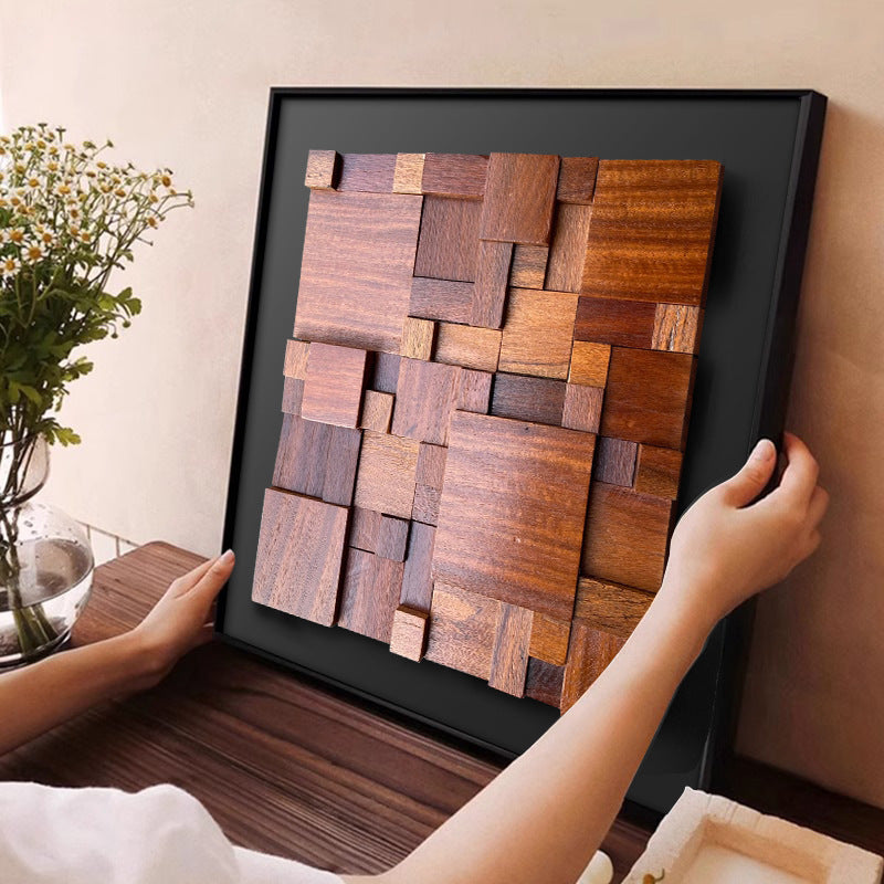 Framed Abstract Walnut Wood Mosaic Geometric Wall Decor, 15.75-Inch