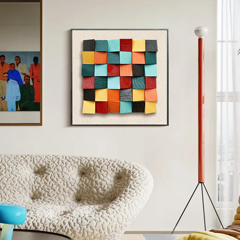 Framed Geometric Pine Wood Wall Decor, Multicolor 19.69 in