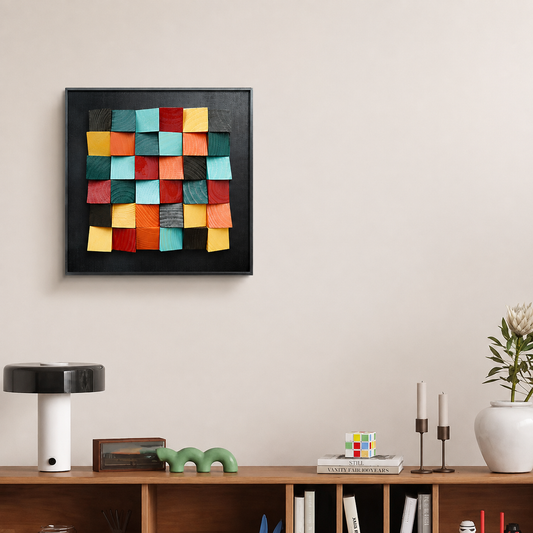 Dimensional Multicolor Wood Square Wall Art with Black Frame