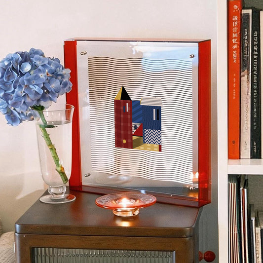 Square Colorblock Abstract Art with Red Border Acrylic Shadow Box