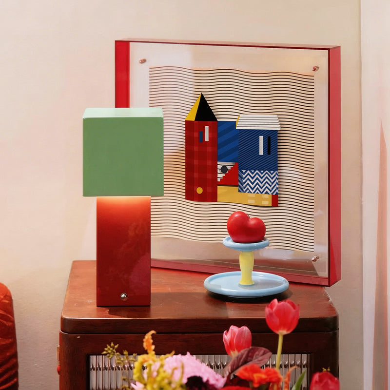 Square Colorblock Abstract Art with Red Border Acrylic Shadow Box